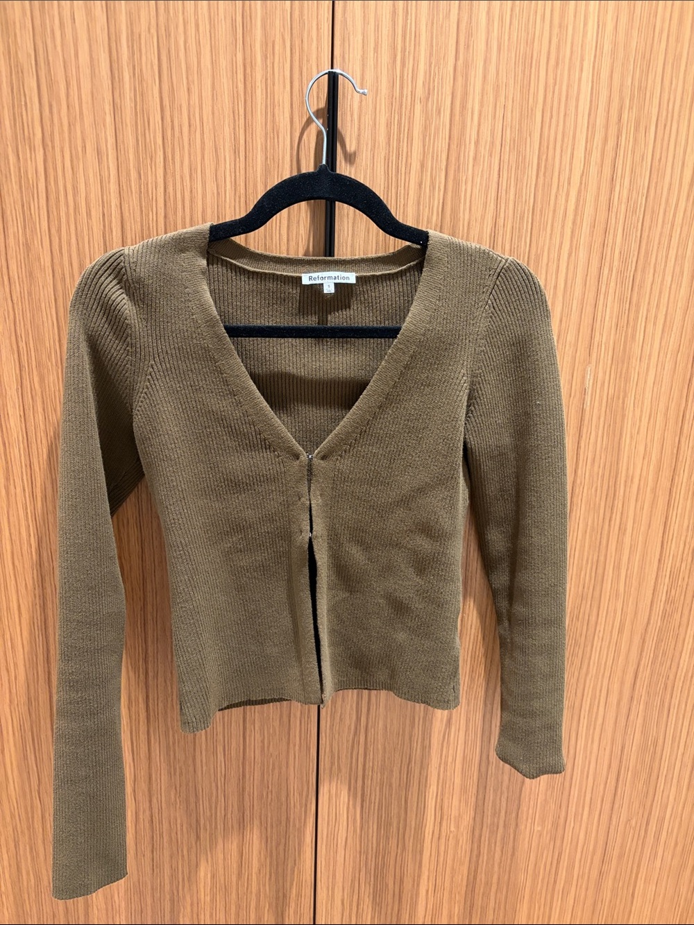Reformation Olive Green V-Neck Ribbed Knit Cardigan